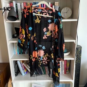 Shein black floral fringe kimono cover up size small